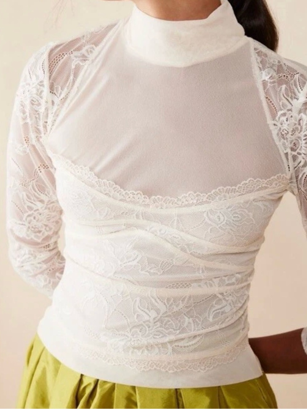 Free People Ivory Lace Mock-Neck Long Sleeve Camisole